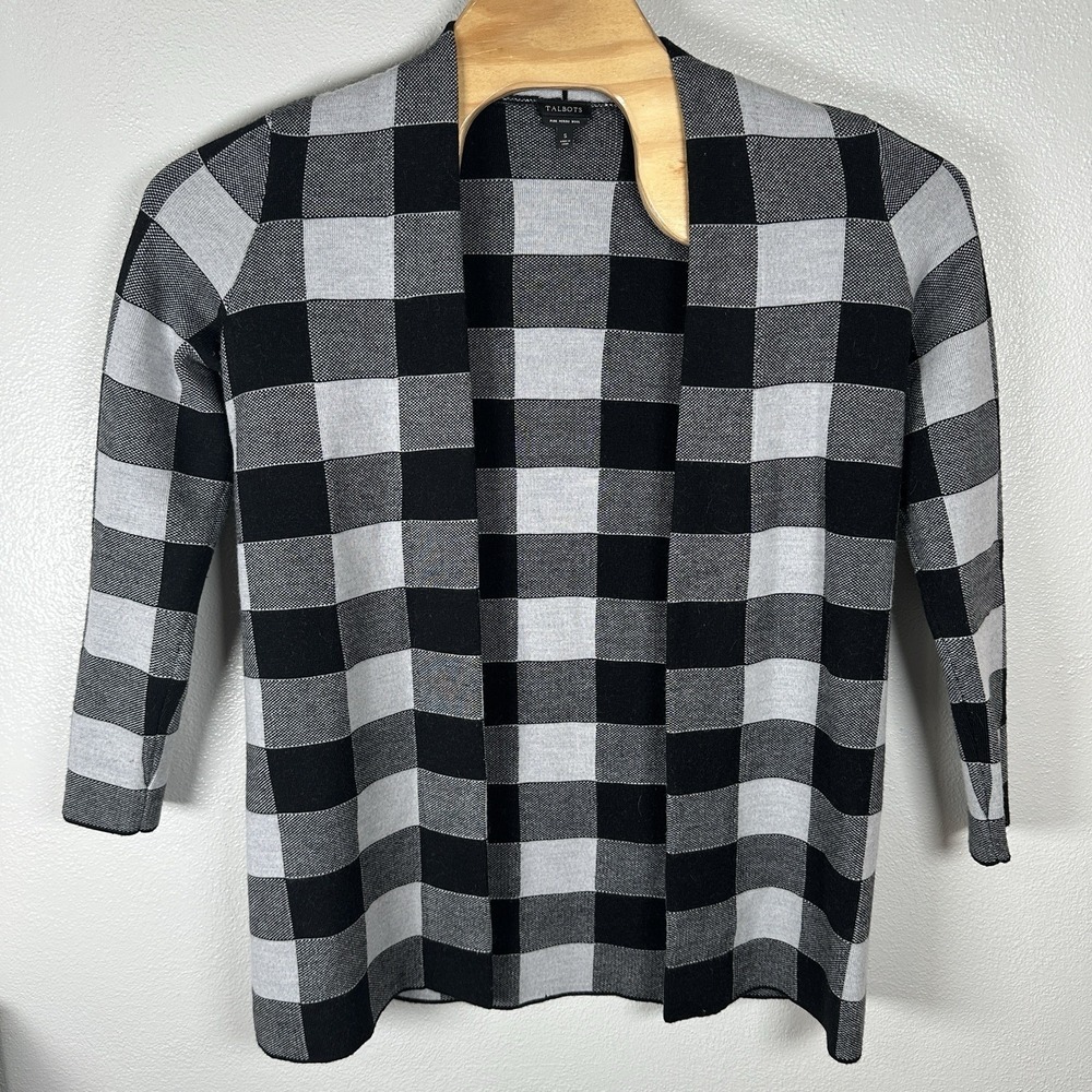 Talbots Merino Wool Black Gray Plaid Check Cardigan‎ Sweater Sz Small Open Front